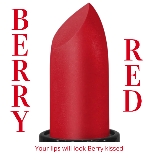 Red lipstick with 'Berry Red' text on a white background, 'Your lips will look berry kissed'