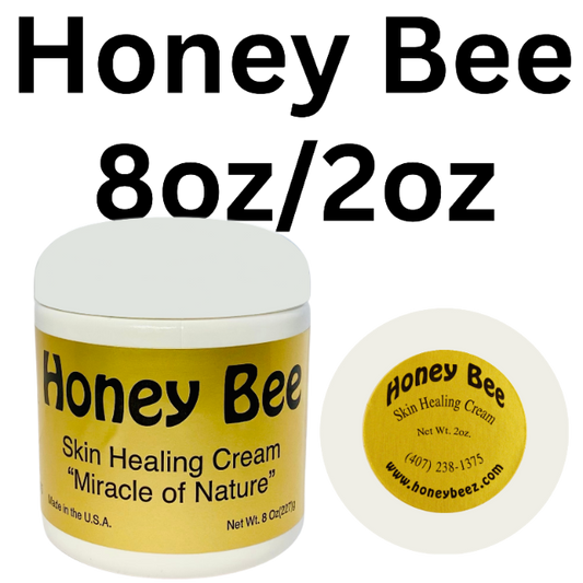 Honey Bee Skin Healing Cream 8oz and 2oz jar and a smaller round container on a clear background.